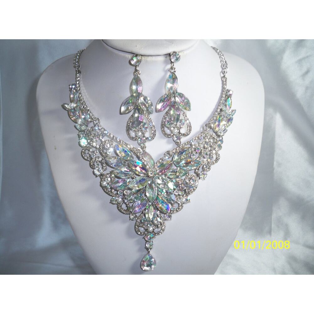 Silver AB rhinestone necklace set,  party prom statement bridal MOB necklace